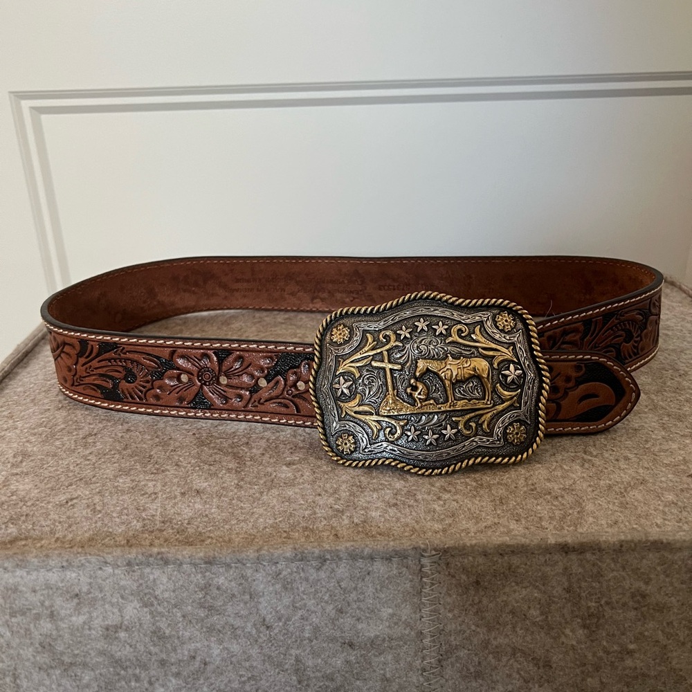 Western Tooled Leather Belt with Buckle